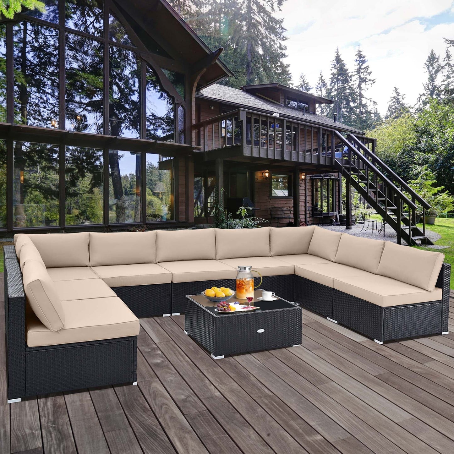 Ensemble de meubles de patio en rotin 10 pièces avec canapé en osier et table et siège rembourré