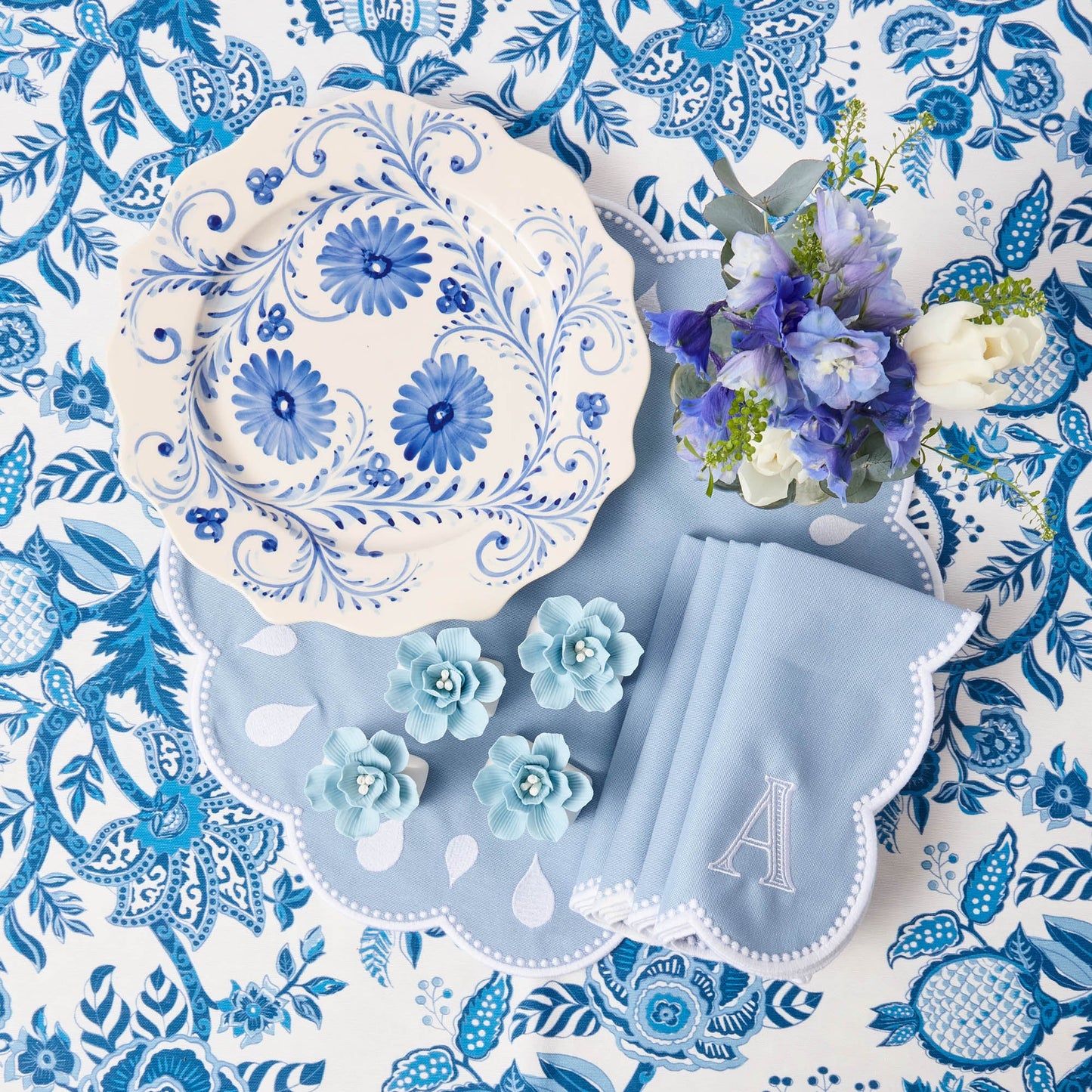 Ronds de serviette Fiore bleu doux (lot de 4)