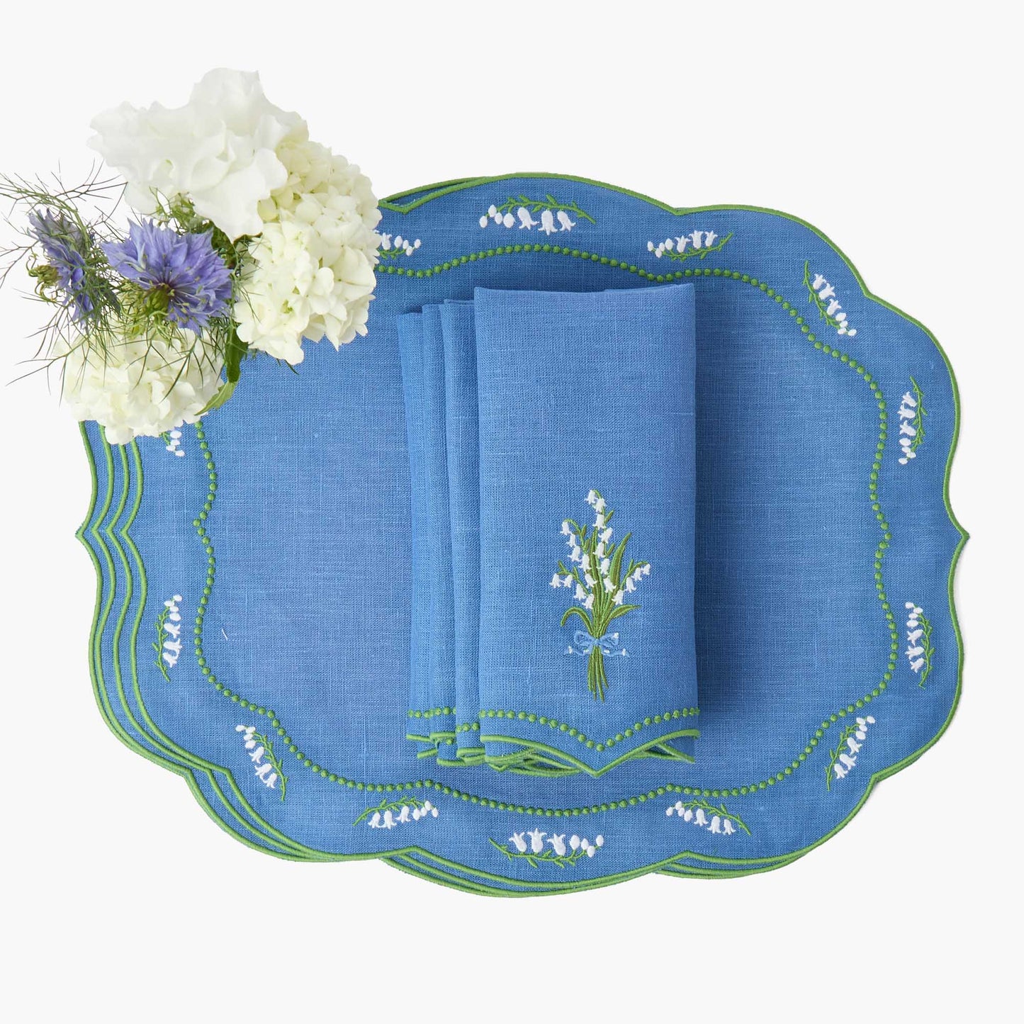 Sets de table et serviettes en lin bleu Lily of the Valley (lot de 4)