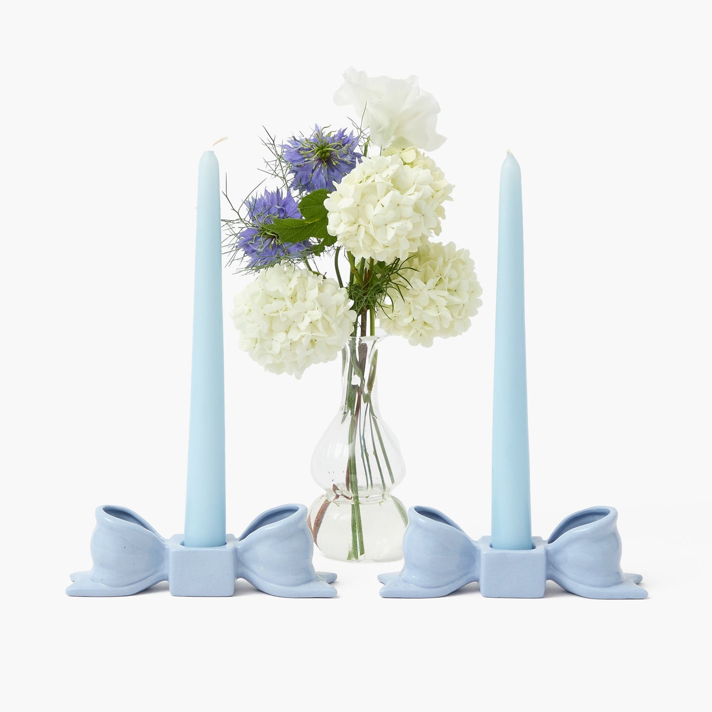 Bougeoir en céramique bleu doux avec nœud (paire)