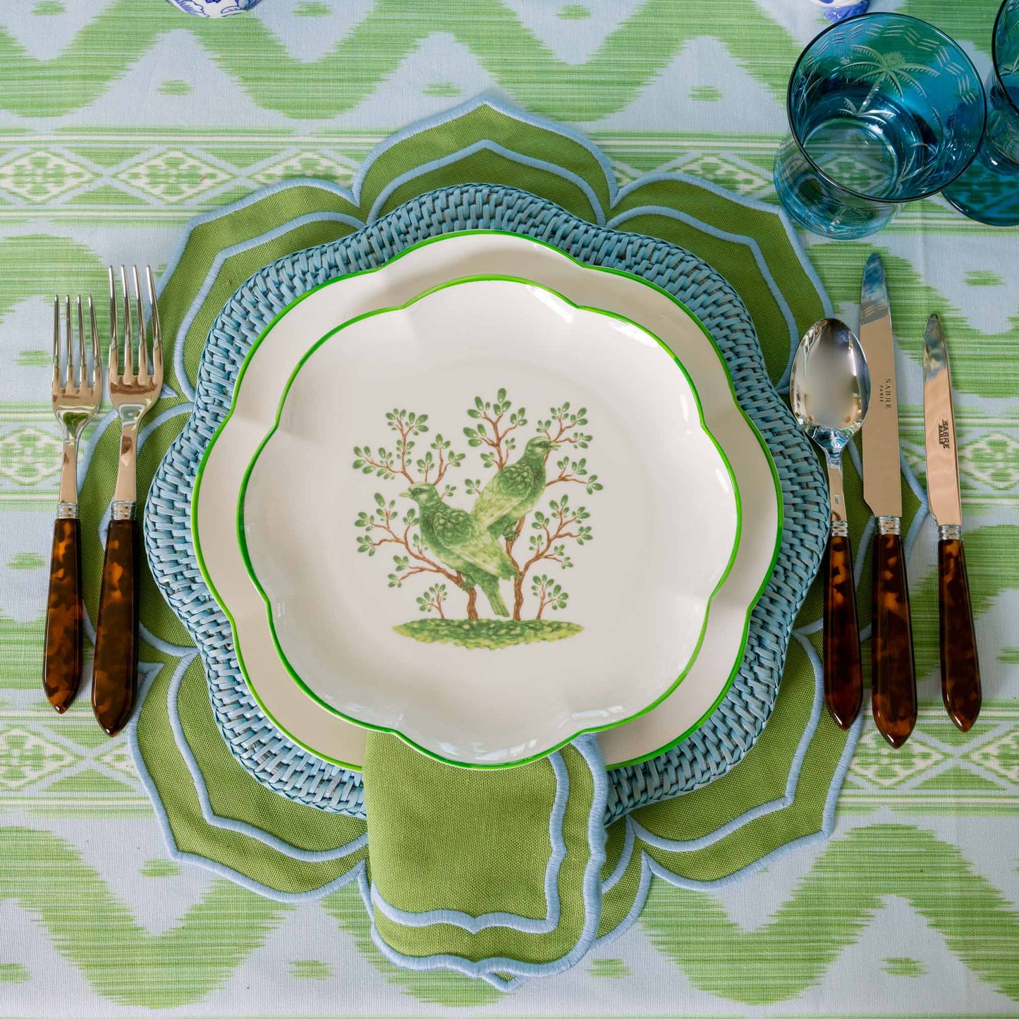 Nappe Ikat Bleue et Verte
