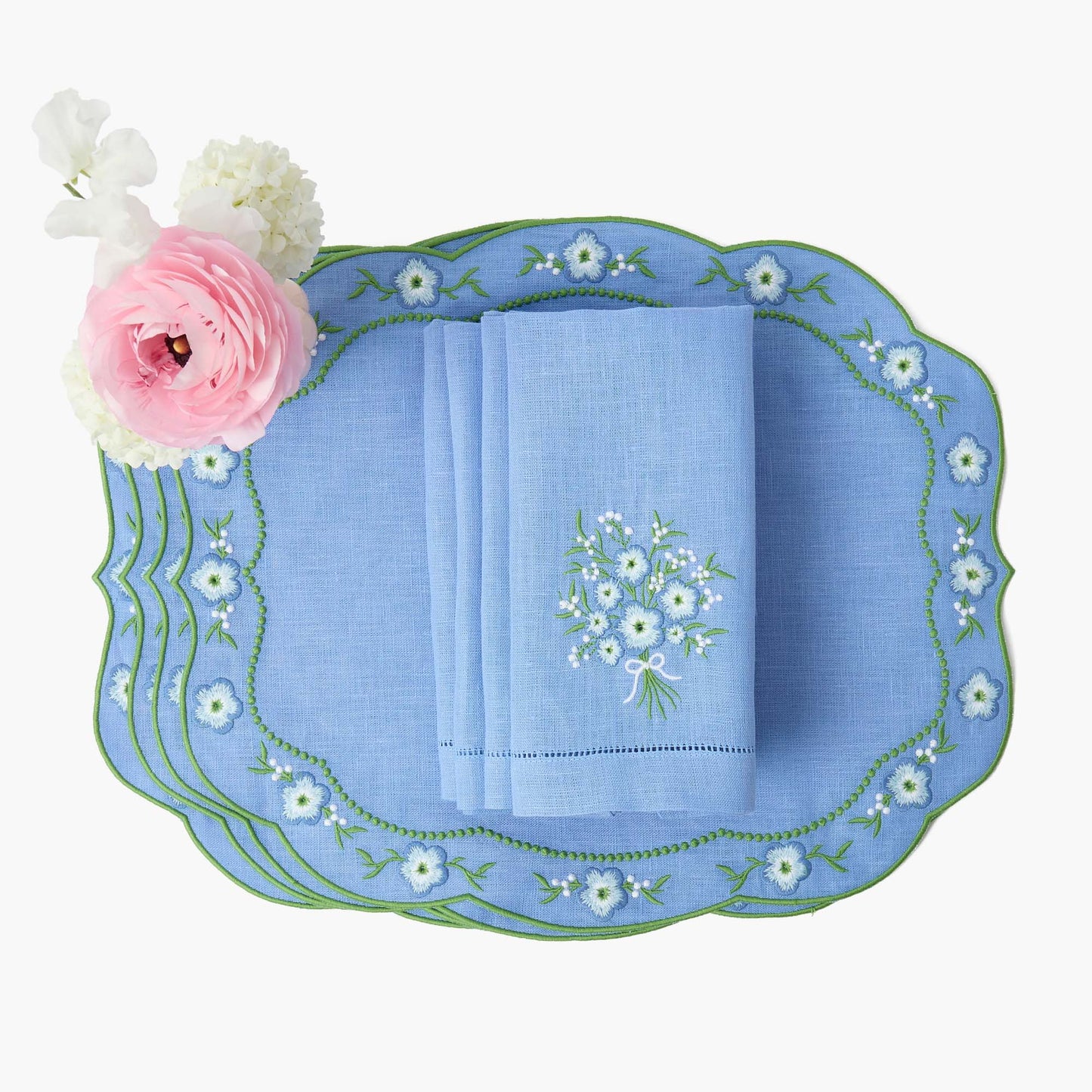 Sets de table et serviettes en lin à motif floral pervenche (lot de 4)
