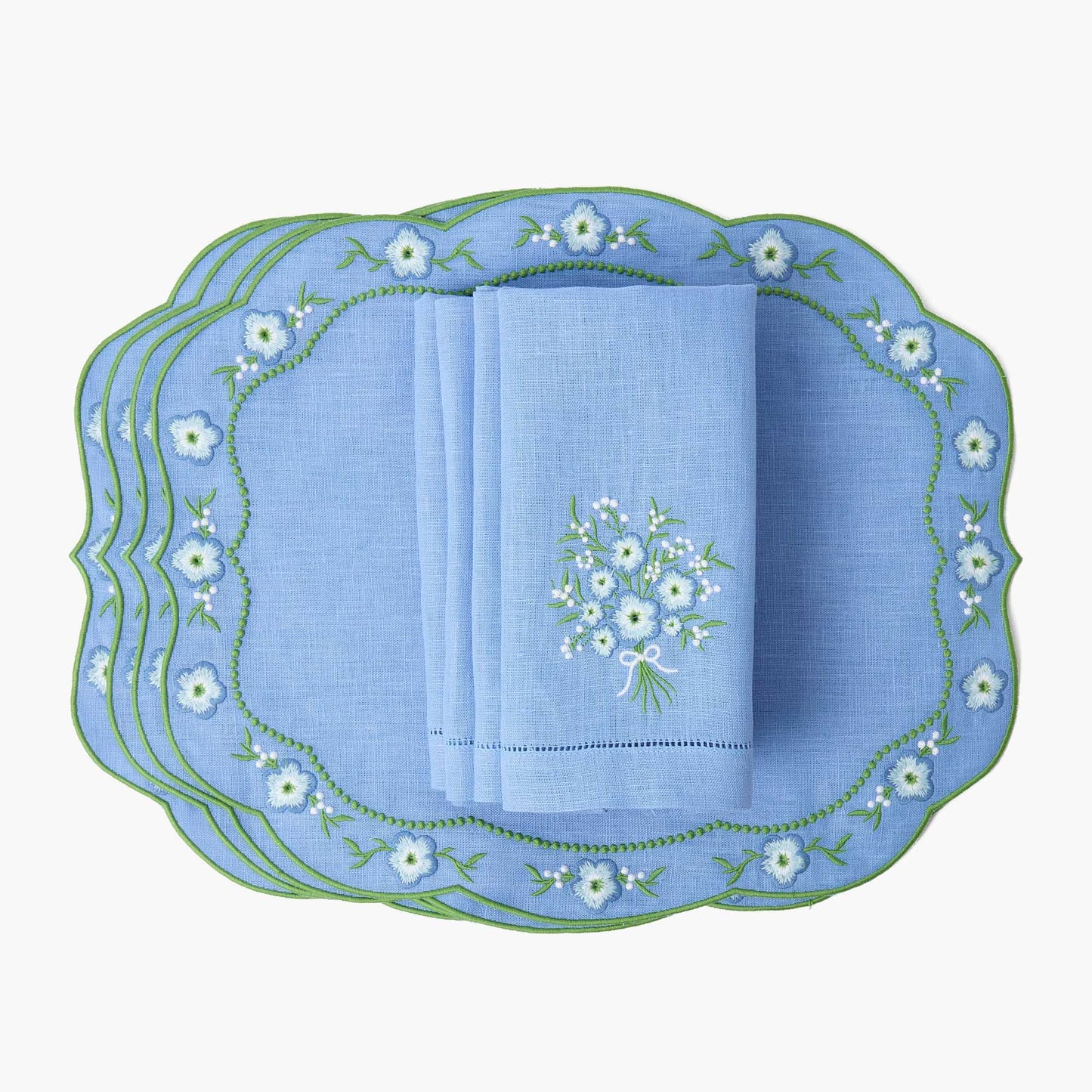 Sets de table et serviettes en lin à motif floral pervenche (lot de 4)