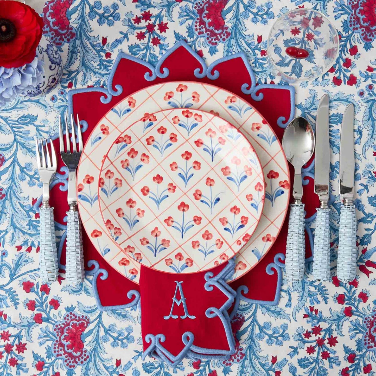 Sets de table et serviettes Angelina rouges et bleus (lot de 4)
