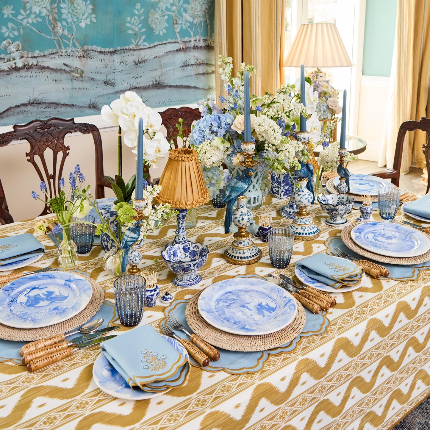 Sets de table et serviettes œillets Serena bleu et caramel (lot de 4)