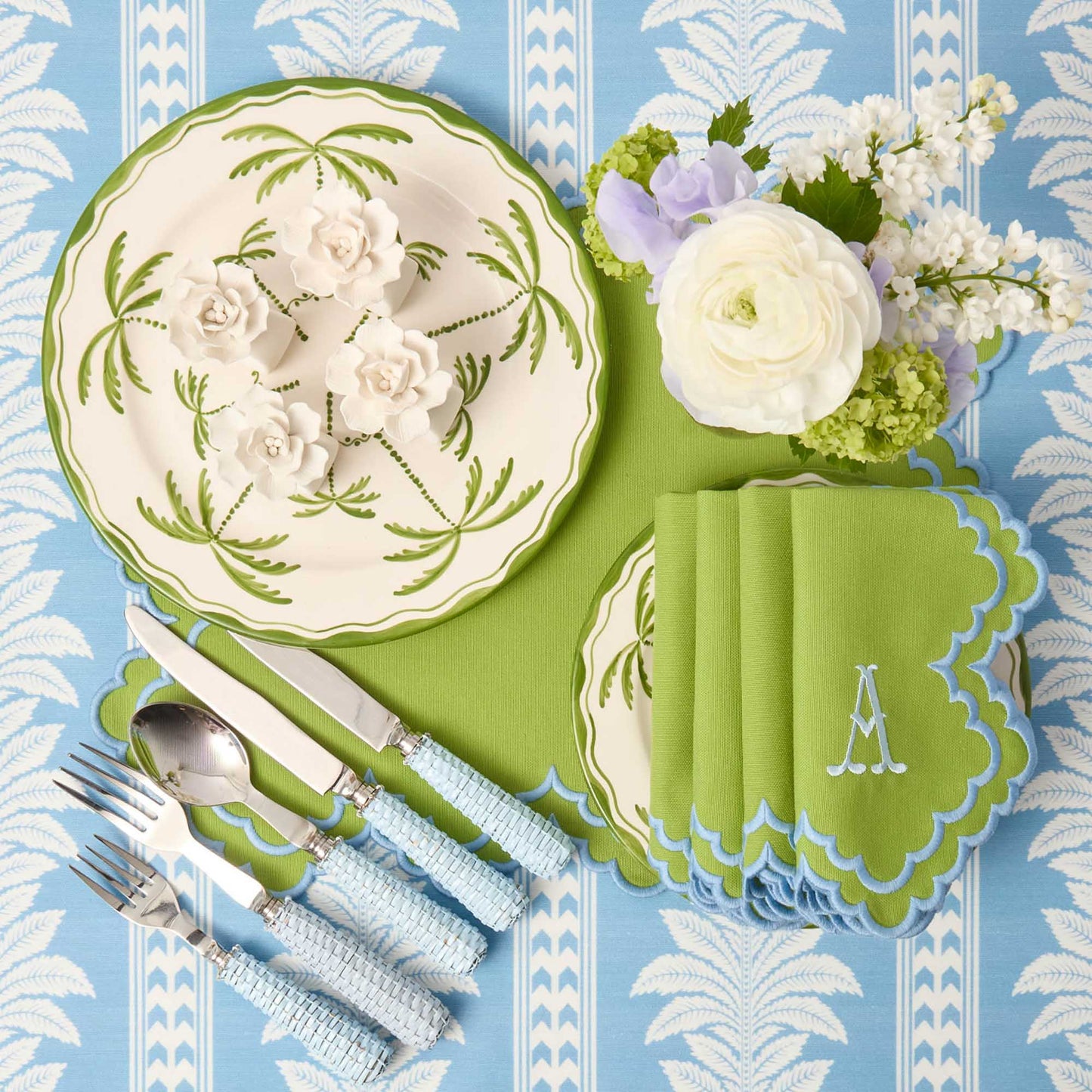 Sets de table et serviettes Scarlett vert et bleu (lot de 4)