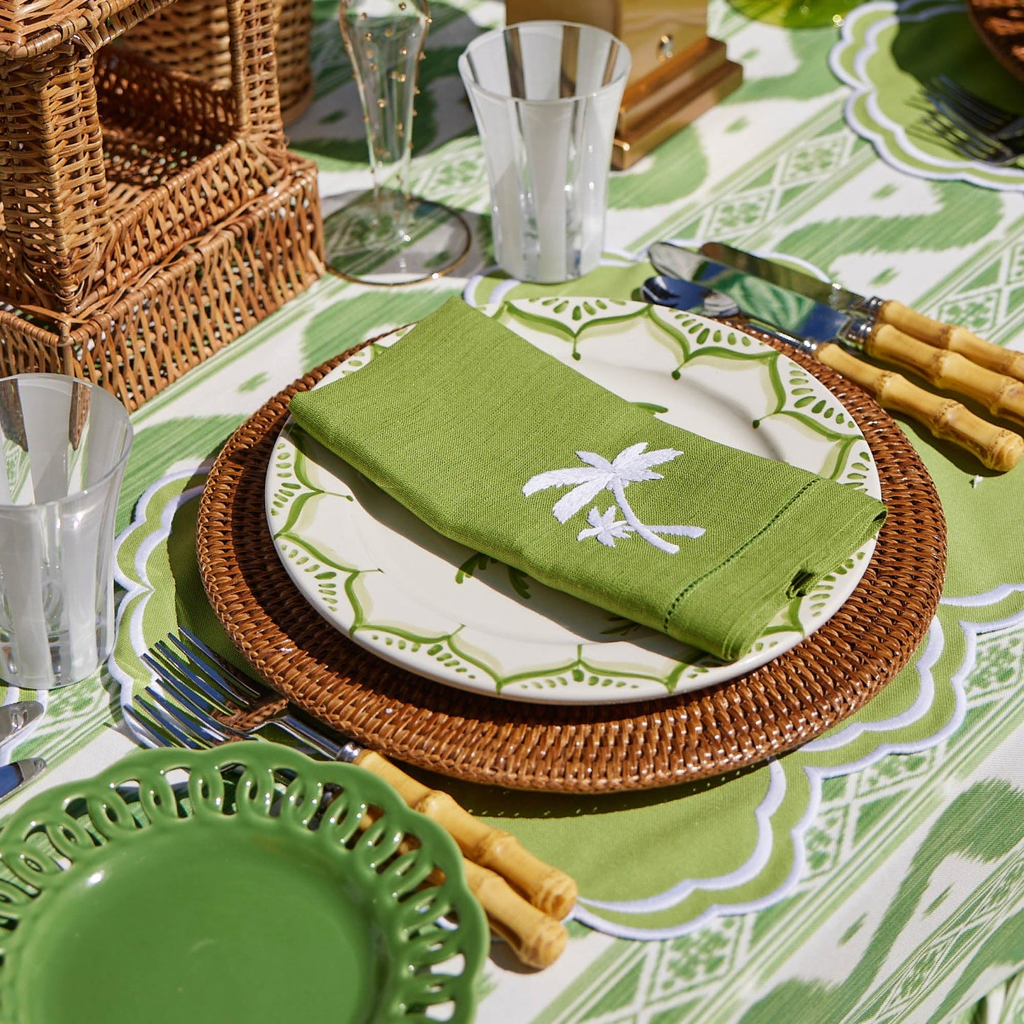 Serviettes en lin vert motif palmier (lot de 4)
