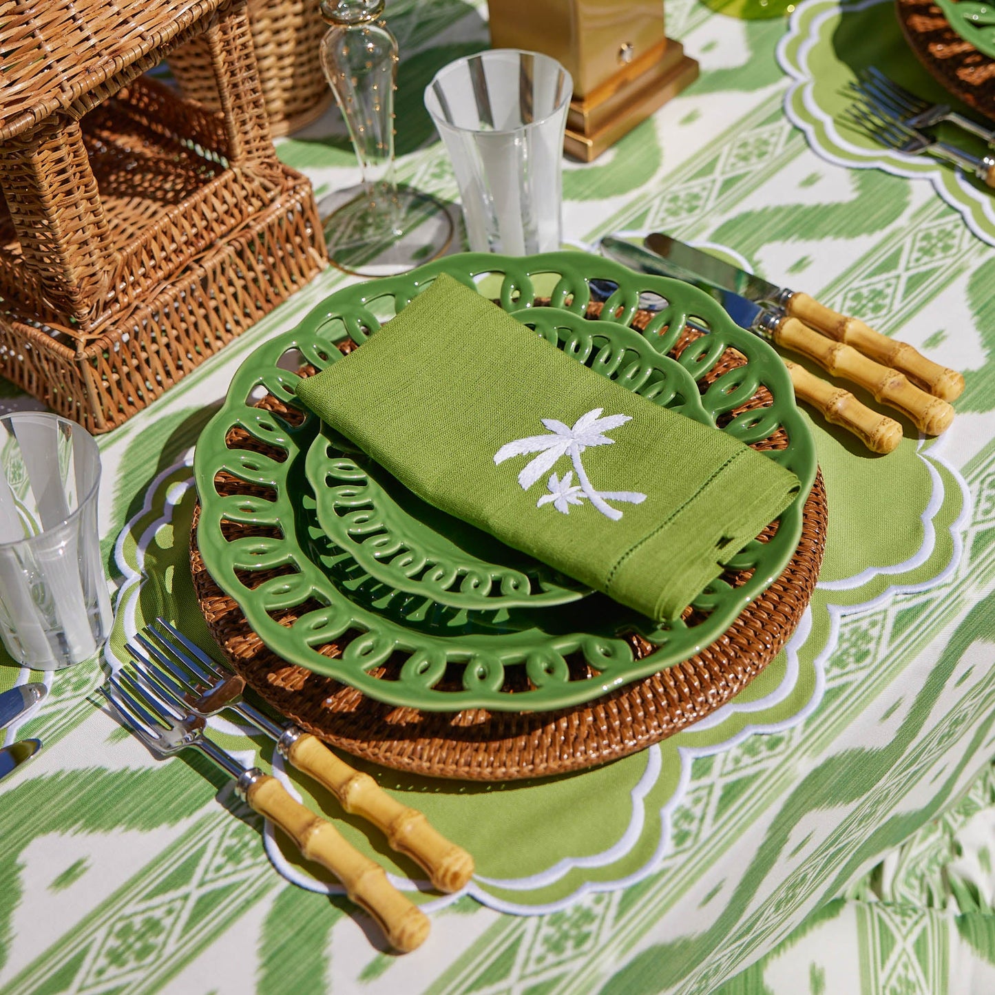 Serviettes en lin vert motif palmier (lot de 4)