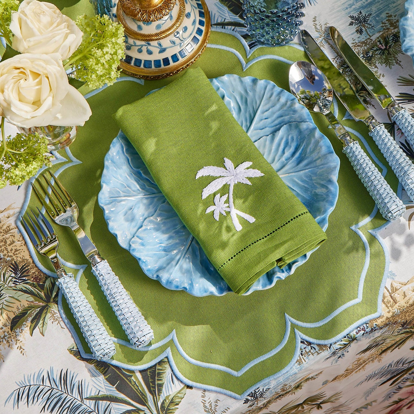Serviettes en lin vert motif palmier (lot de 4)
