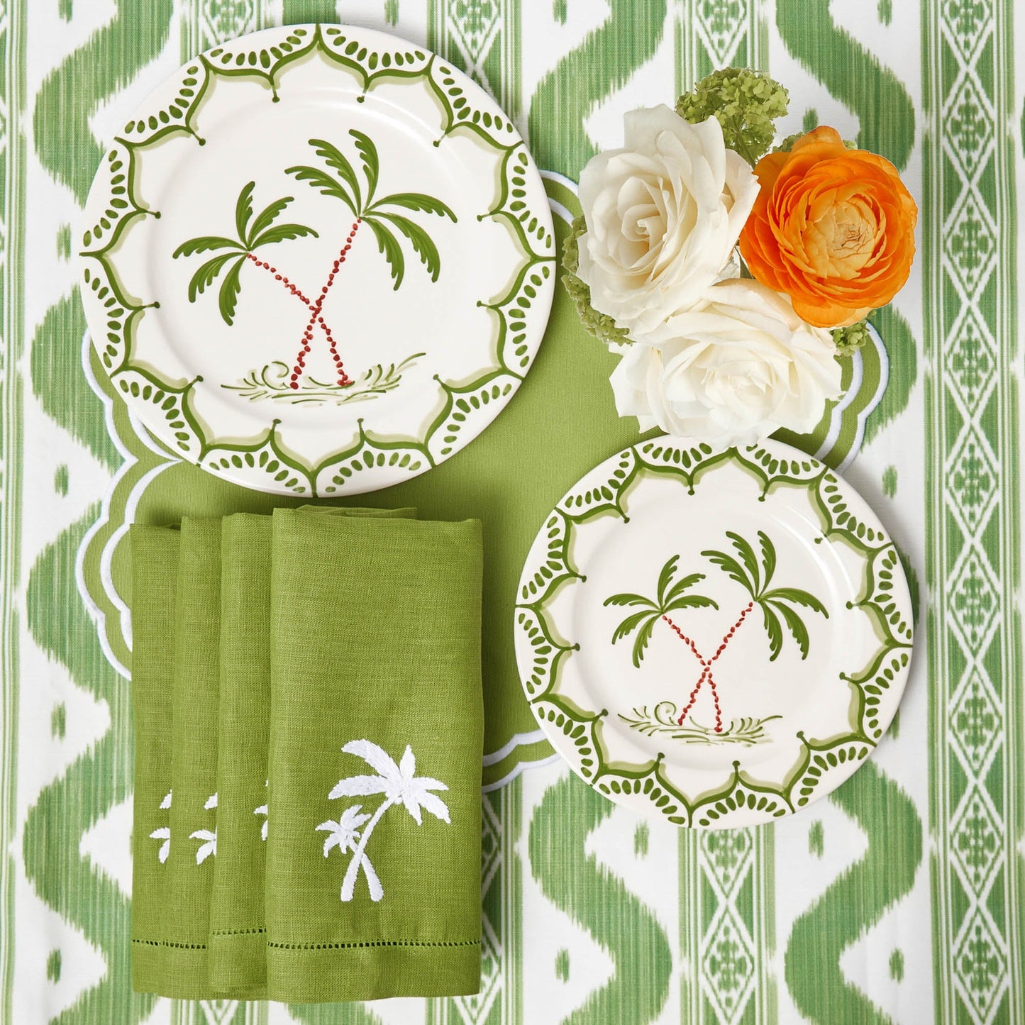 Serviettes en lin vert motif palmier (lot de 4)