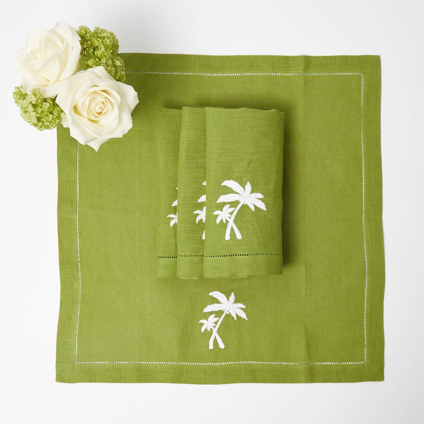 Serviettes en lin vert motif palmier (lot de 4)