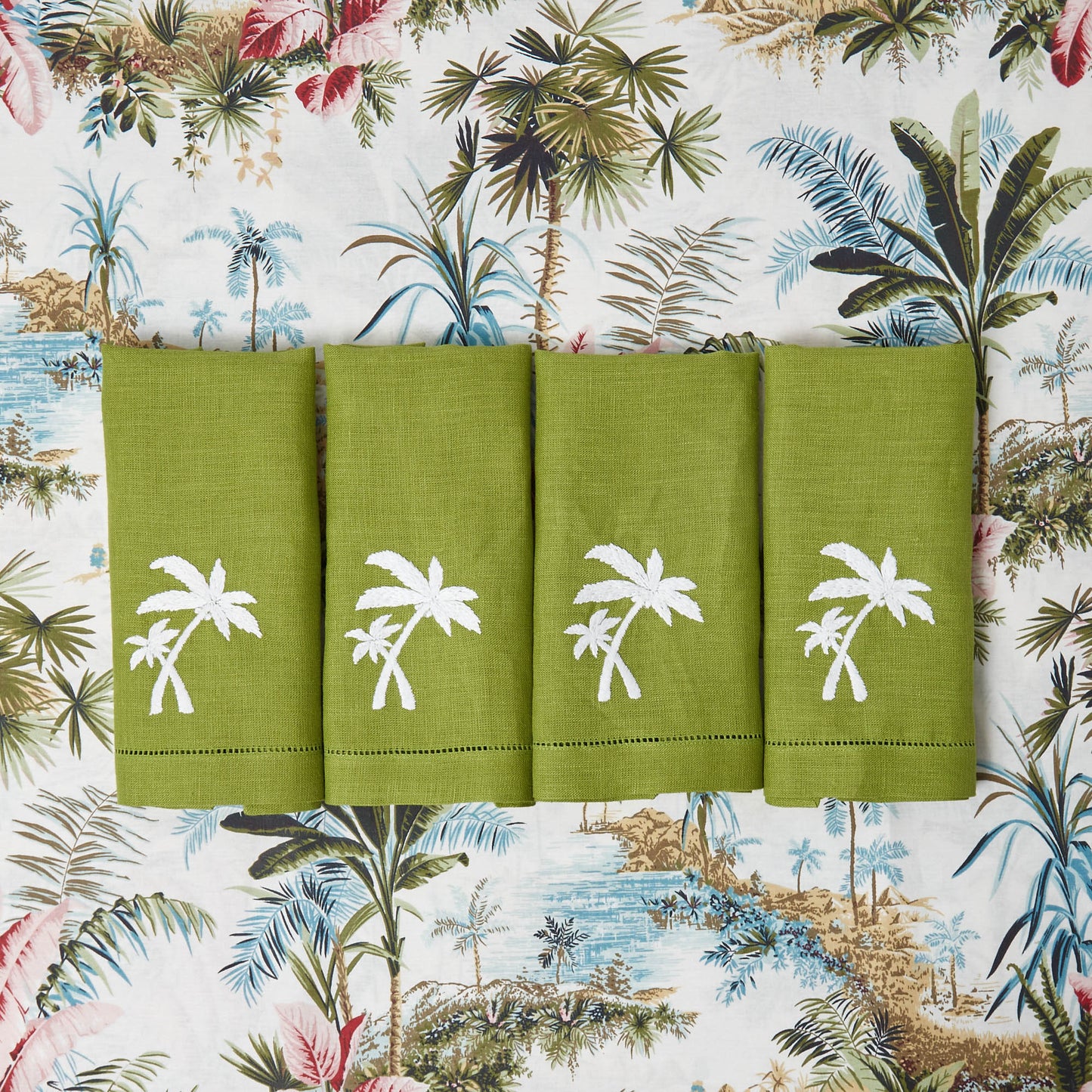 Serviettes en lin vert motif palmier (lot de 4)