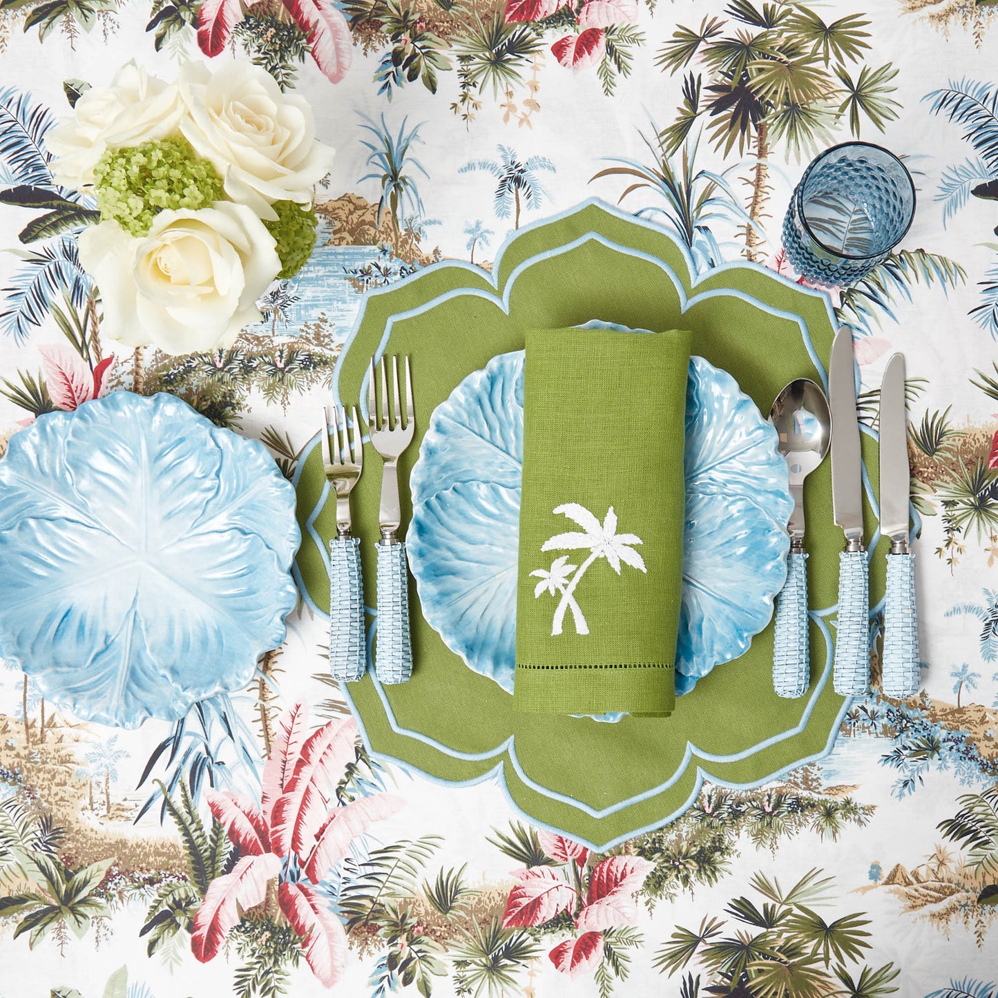 Serviettes en lin vert motif palmier (lot de 4)