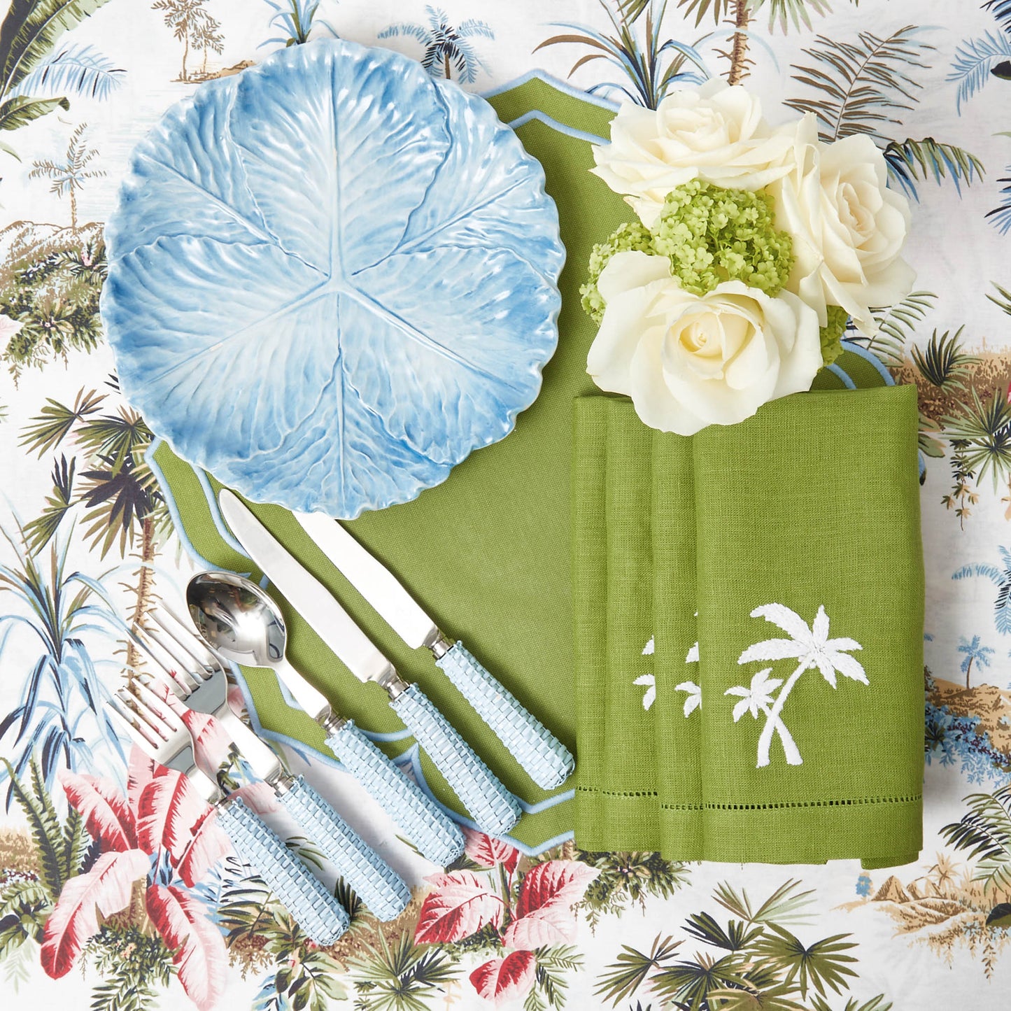Serviettes en lin vert motif palmier (lot de 4)