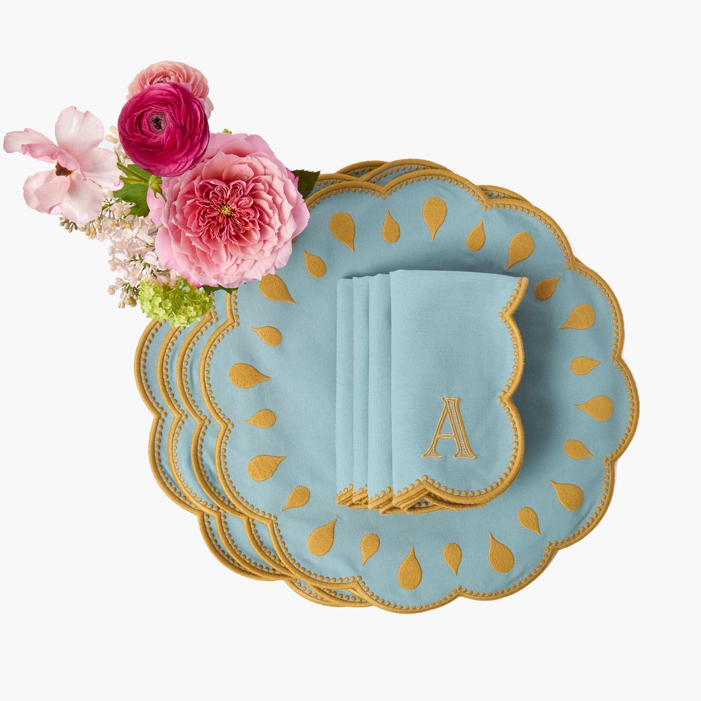 Sets de table et serviettes Bettina bleu et caramel (lot de 4)