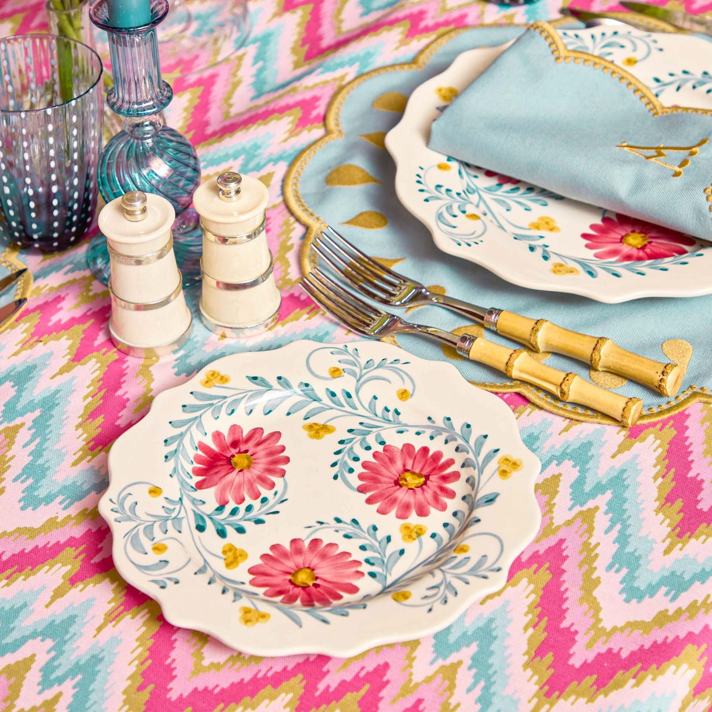 Sets de table et serviettes Bettina bleu et caramel (lot de 4)