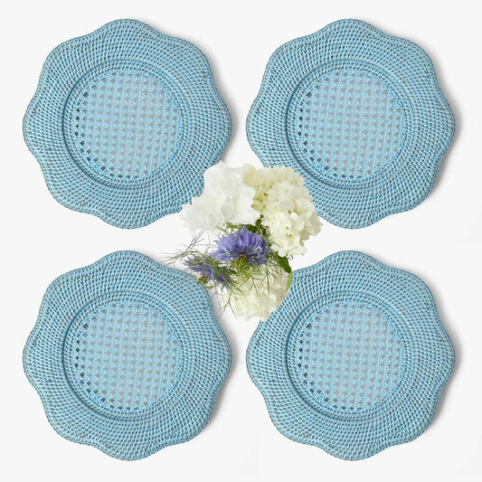 Assiettes de présentation en rotin festonné bleu (lot de 4)