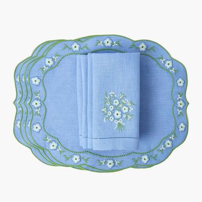 Sets de table et serviettes en lin à motif floral pervenche (lot de 4)