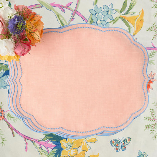 Sets de table Eloise en lin corail et bleu (lot de 4)