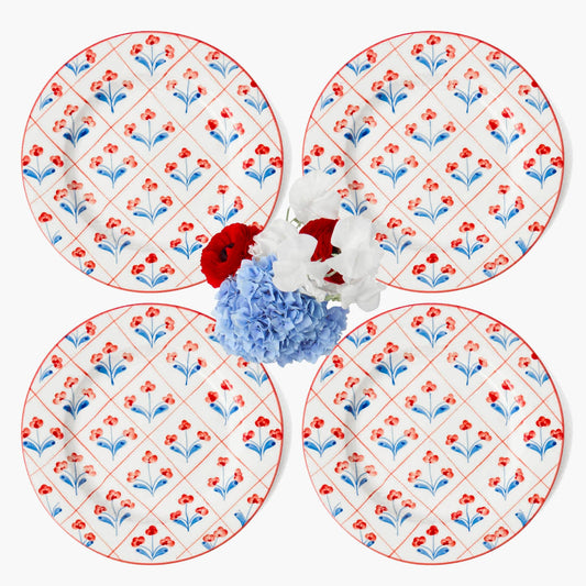 Assiettes à dîner à motif floral bleu et rouge (lot de 4)