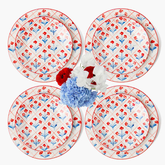 Assiettes à dîner et à entrée à motif floral bleu et rouge (lot de 8)