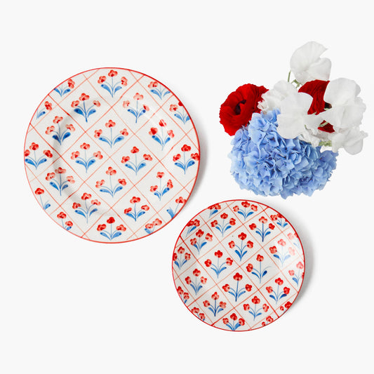 Assiette de démarrage en treillis floral bleu et rouge