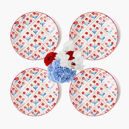 Assiettes de démarrage à motif treillis floral bleu et rouge (lot de 4)