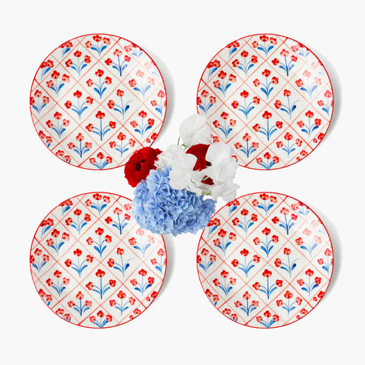 Assiettes de démarrage à motif treillis floral bleu et rouge (lot de 4)