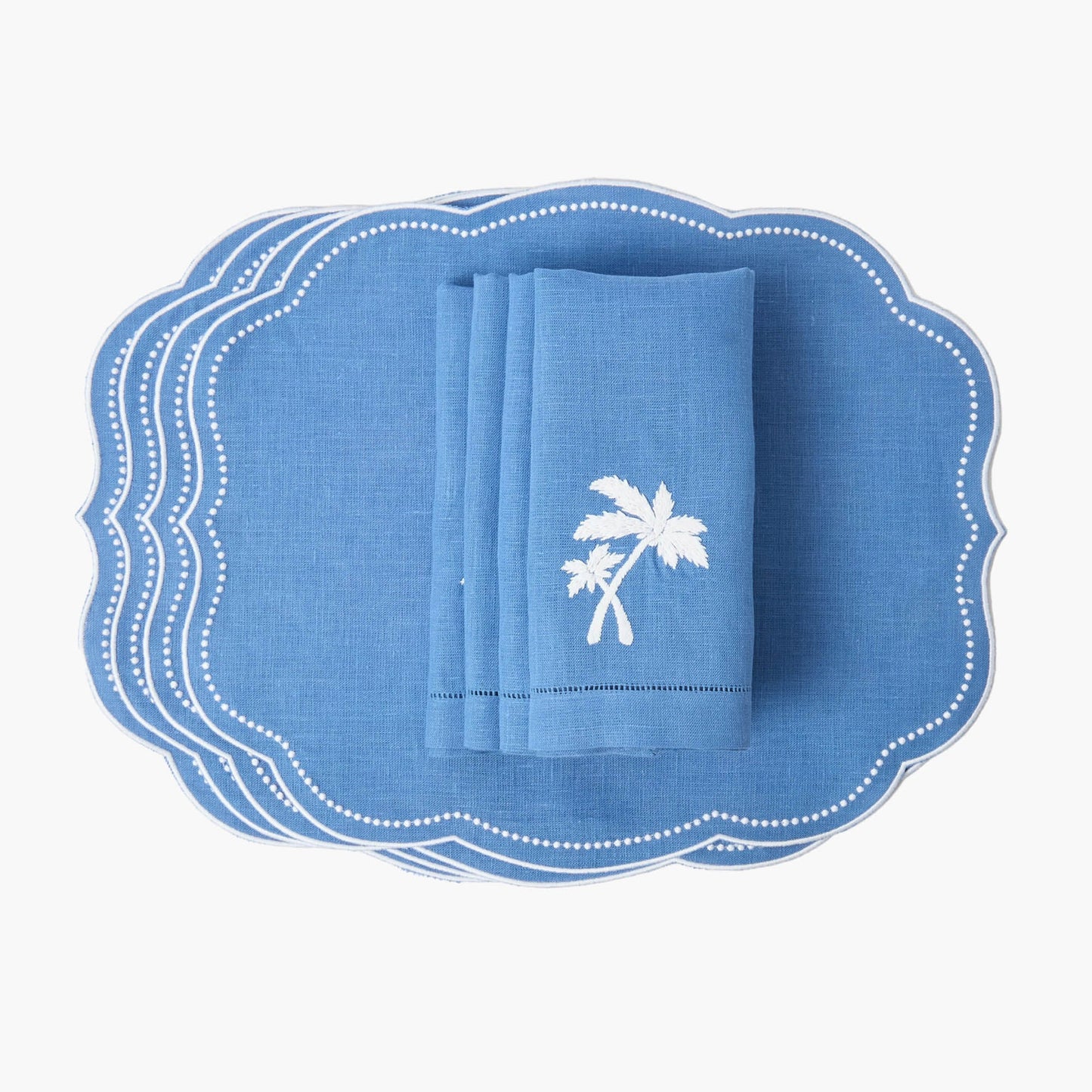 Sets de table et serviettes palmiers en lin bleu Eloise (lot de 4)