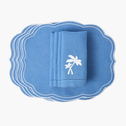 Sets de table et serviettes palmiers en lin bleu Eloise (lot de 4)