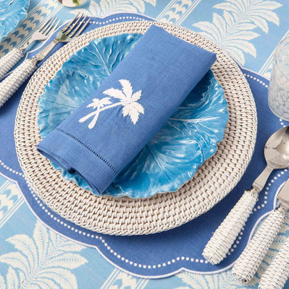 Sets de table et serviettes palmiers en lin bleu Eloise (lot de 4)