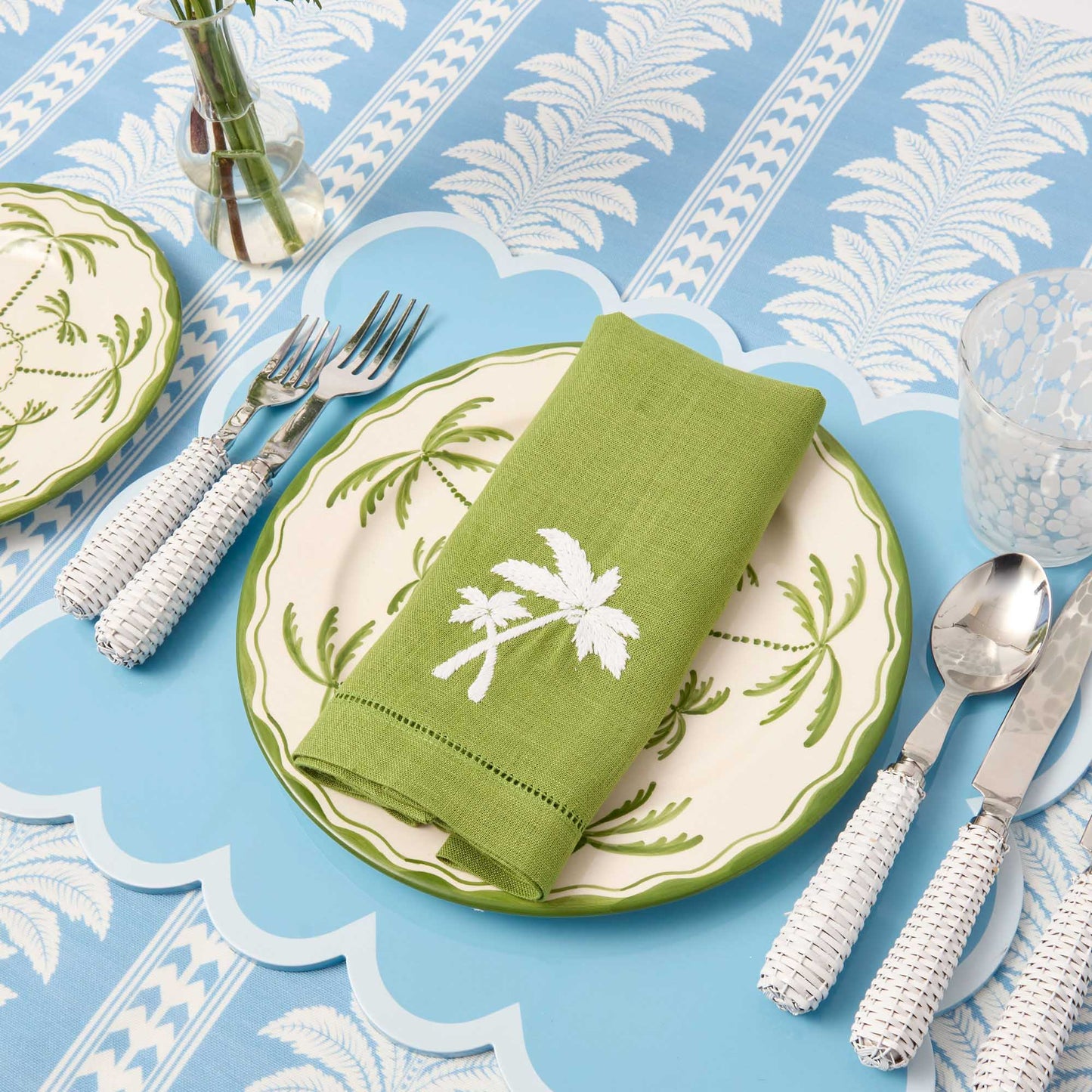 Serviettes en lin vert motif palmier (lot de 4)