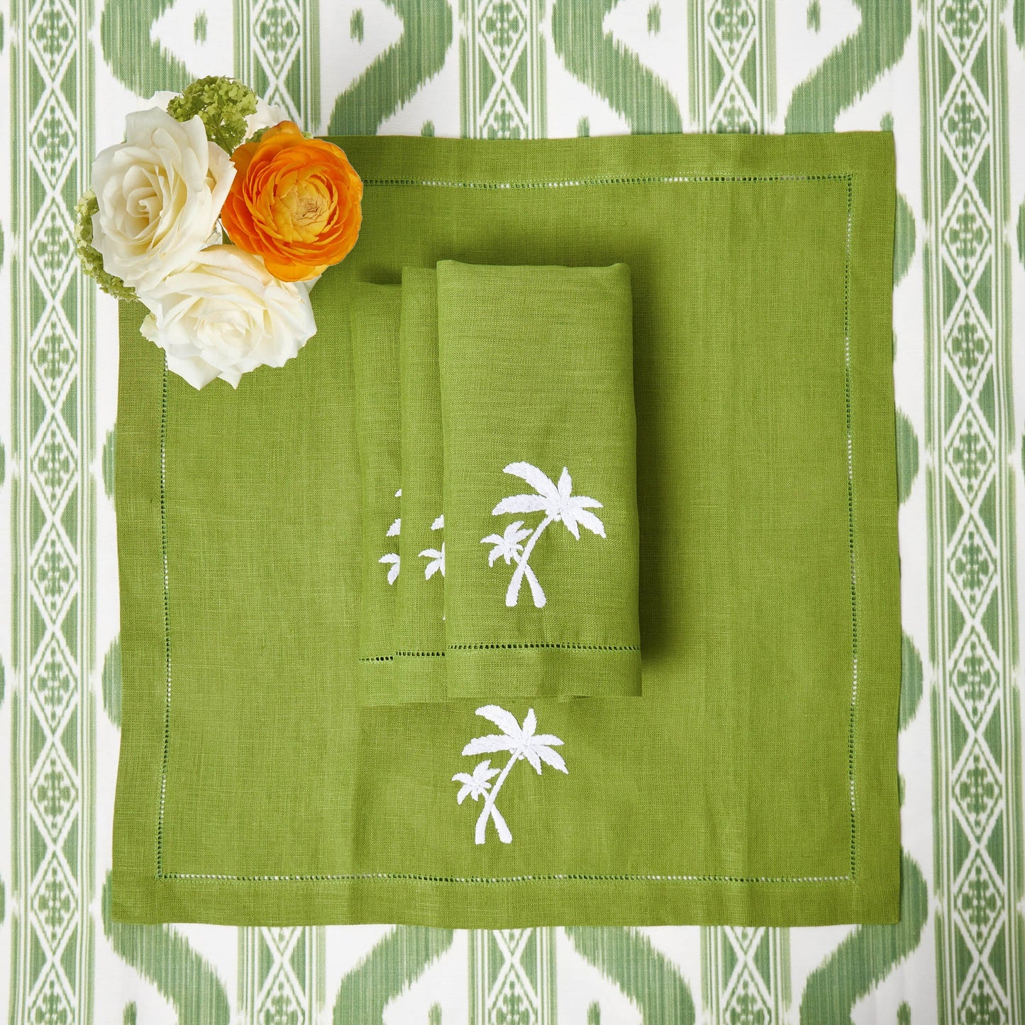 Serviettes en lin vert motif palmier (lot de 4)