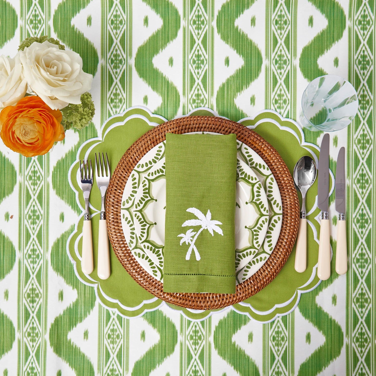 Serviettes en lin vert motif palmier (lot de 4)