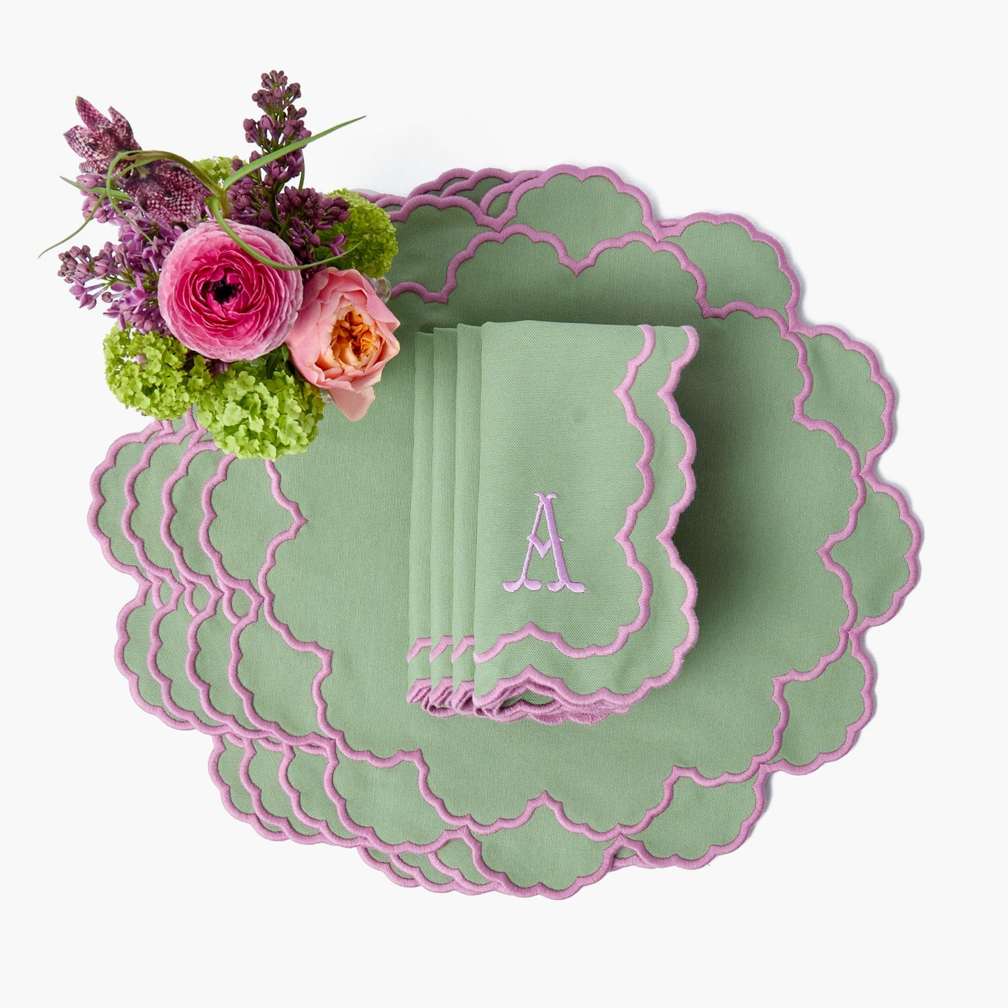 Sets de table et serviettes Lily Soft Green &amp; Pink (lot de 4)