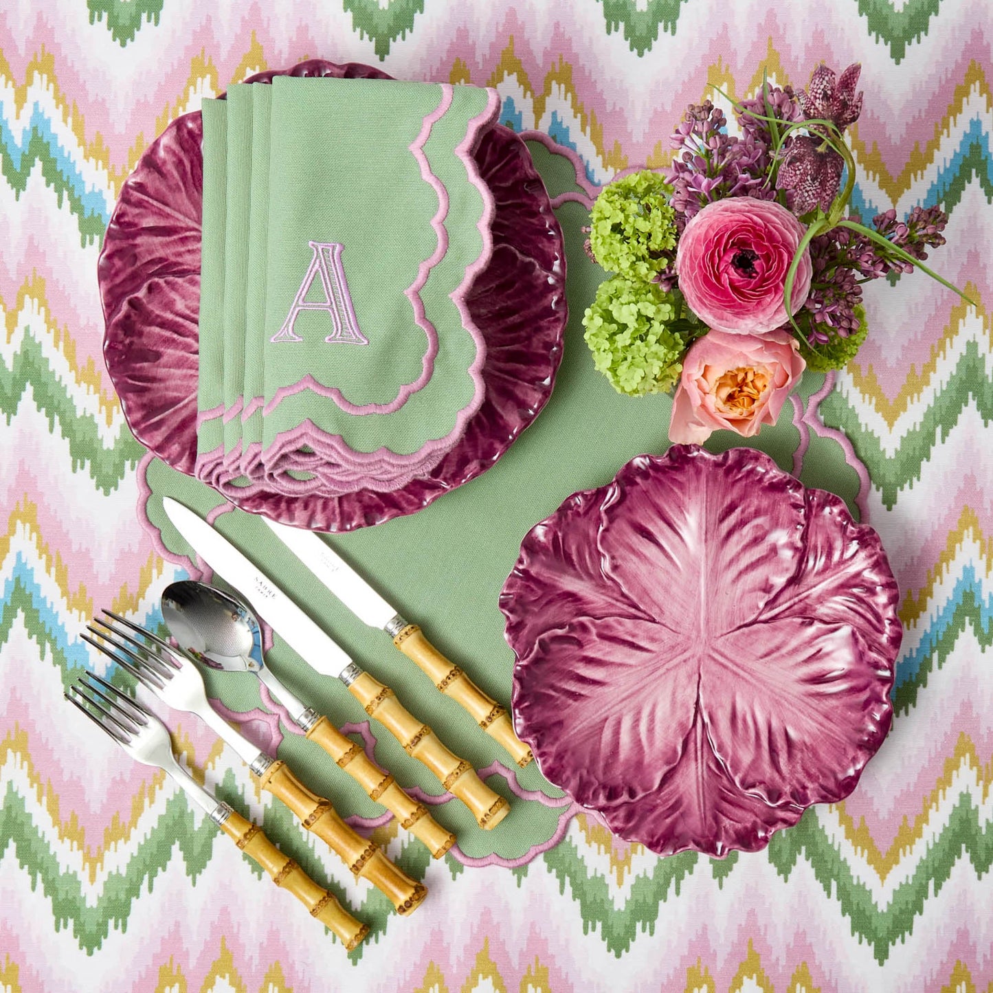 Sets de table et serviettes Lily Soft Green &amp; Pink (lot de 4)
