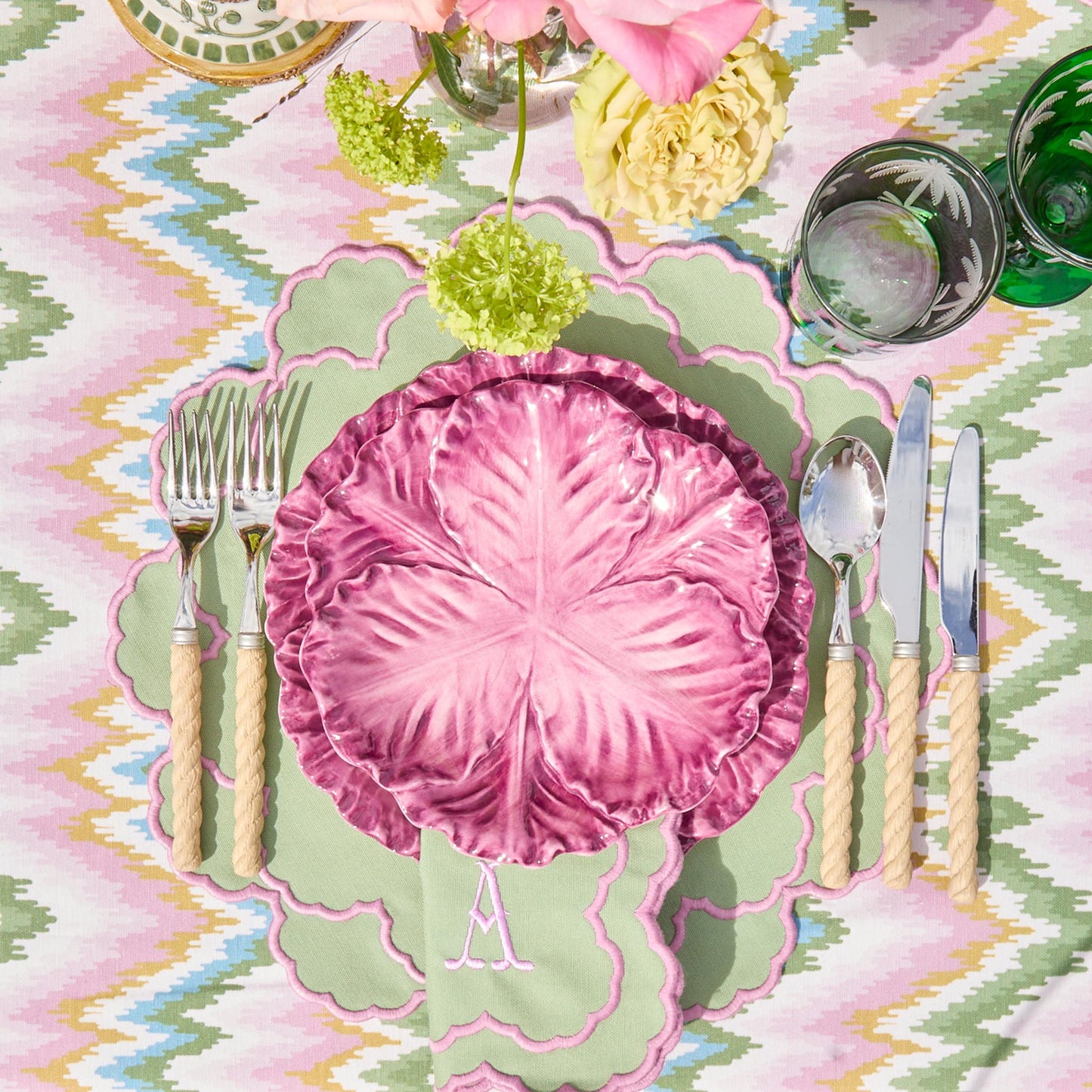 Sets de table et serviettes Lily Soft Green &amp; Pink (lot de 4)