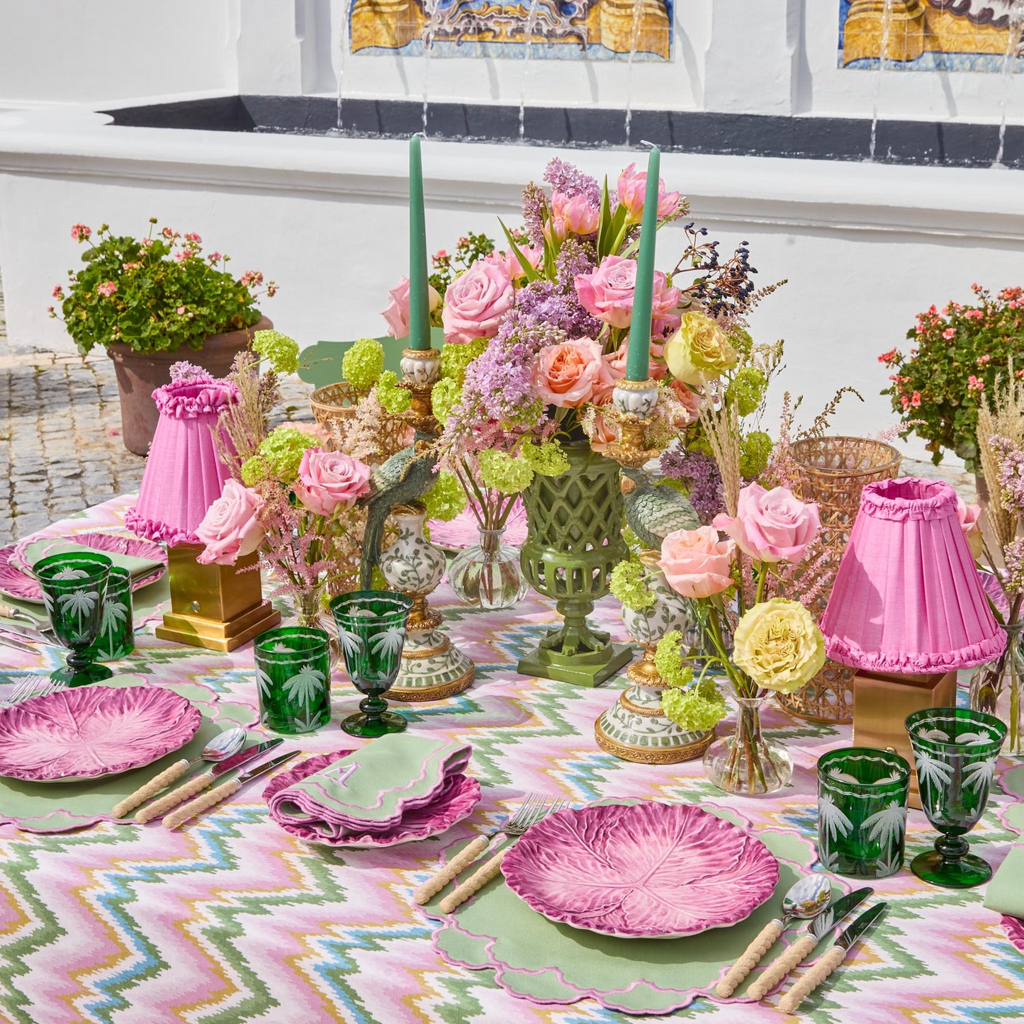 Sets de table et serviettes Lily Soft Green &amp; Pink (lot de 4)