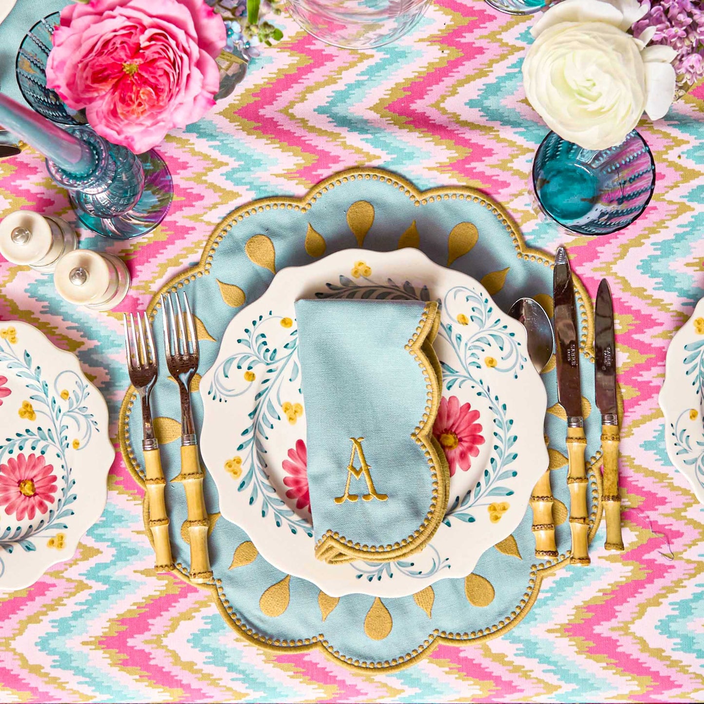 Sets de table et serviettes Bettina bleu et caramel (lot de 4)