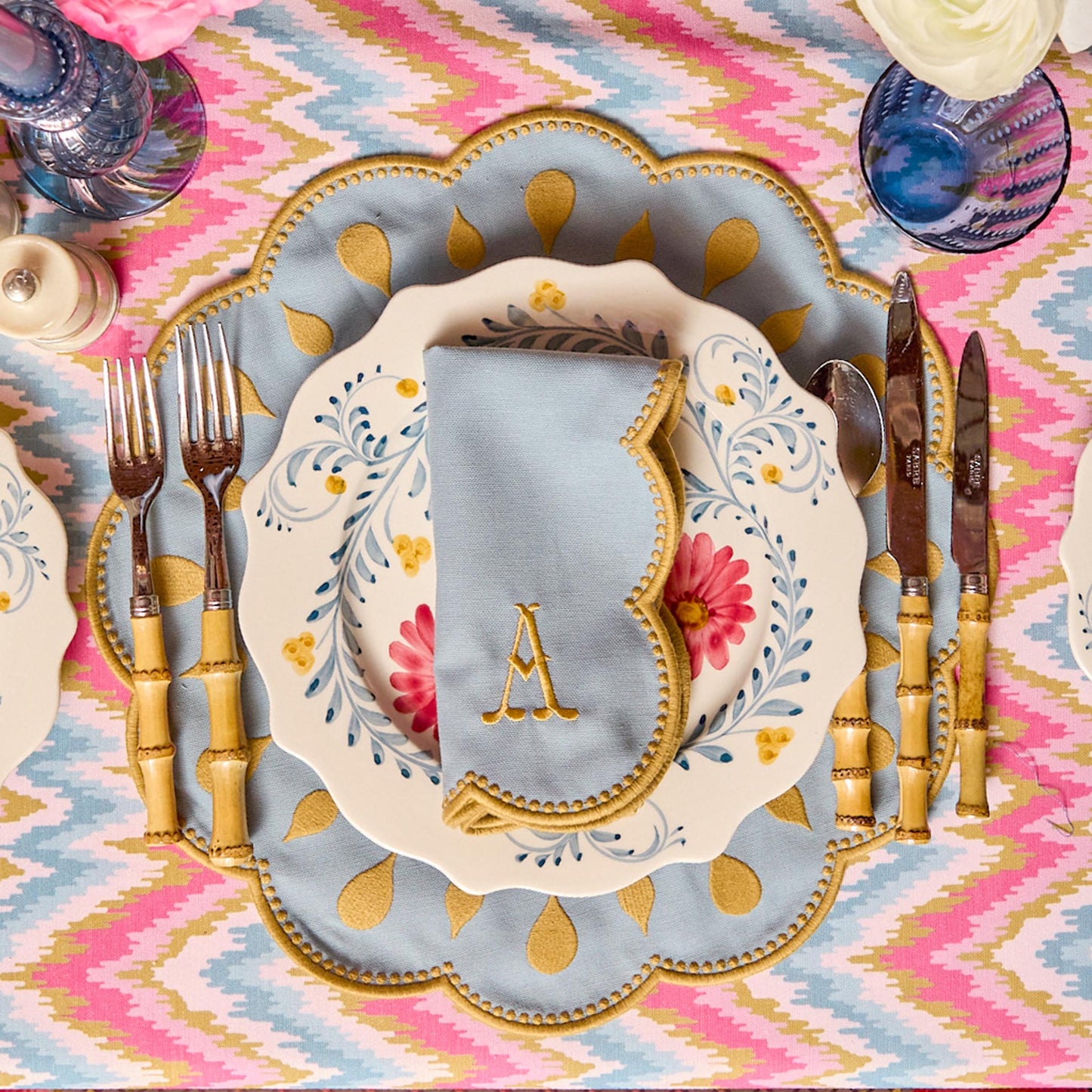 Sets de table et serviettes Bettina bleu et caramel (lot de 4)