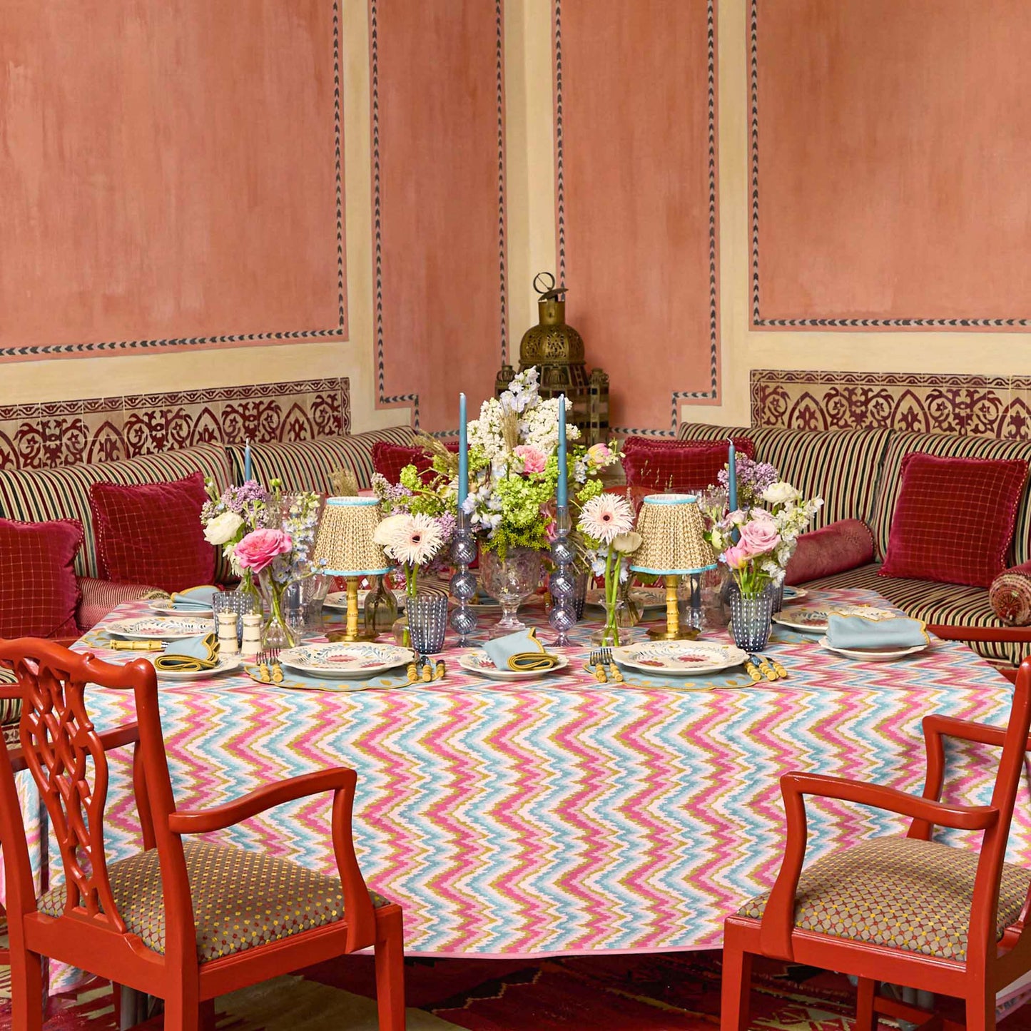 Sets de table et serviettes Bettina bleu et caramel (lot de 4)
